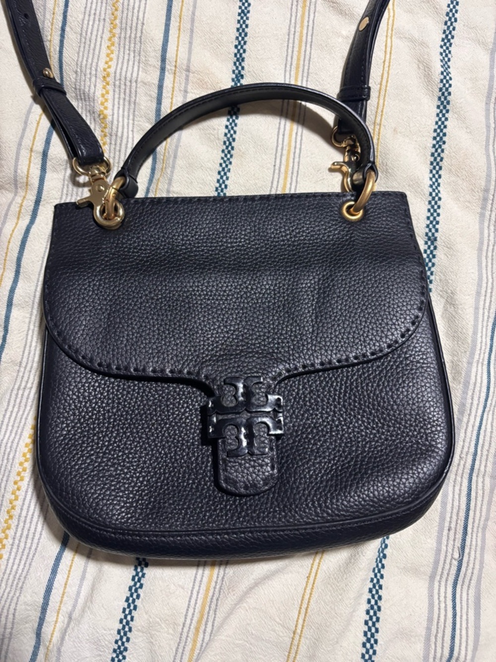 Tory Burch Black Pebbled Leather Top-Handle Crossbody with Gold Hardware